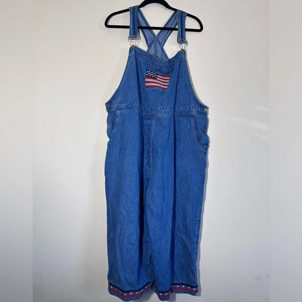 Vintage 90’s Agapo Embroidered American flag denim cropped overalls sizeXL - Picture 2 of 15